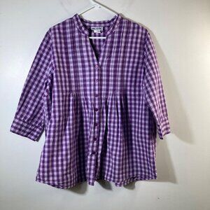 Womens Blair Gingham Pleat Front Boho Button Shirt‎ Purple White 1/2 Sleeve L